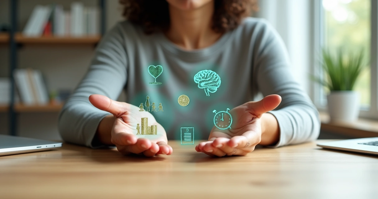 Pessoa em mesa de trabalho equilibrando ícones de valores humanos e resultados financeiros 