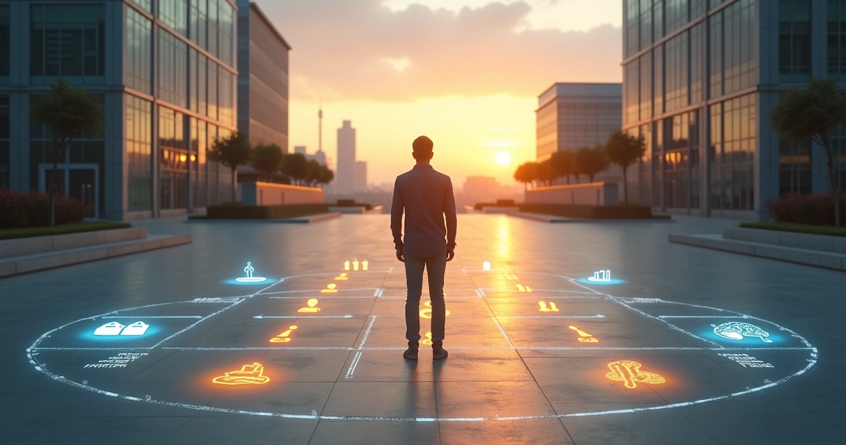 Pessoa em encruzilhada urbana avaliando diferentes caminhos e possibilidades 