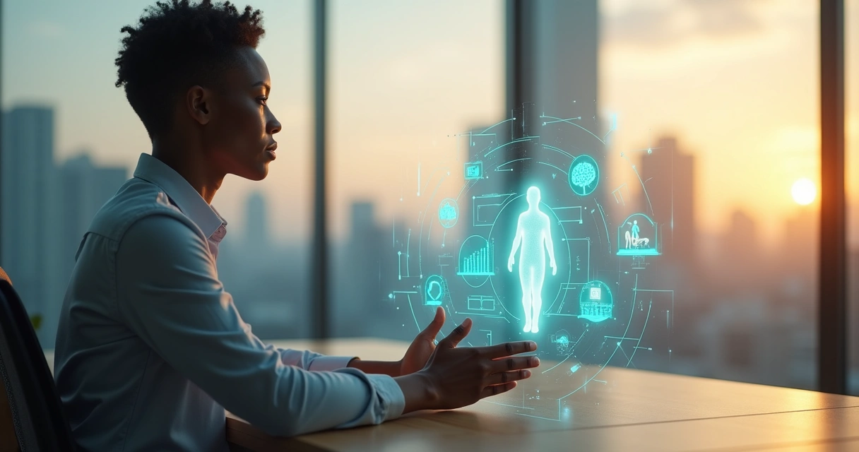 Profissional refletindo diante de painel com ícones de desenvolvimento humano e gráficos de valor 