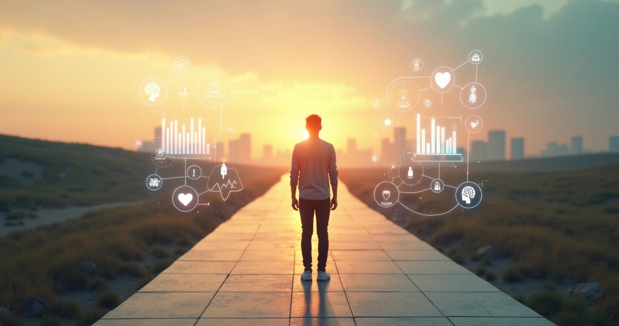 Pessoa em pé sobre estrada iluminada olhando para horizonte com gráficos e silhuetas integradas 