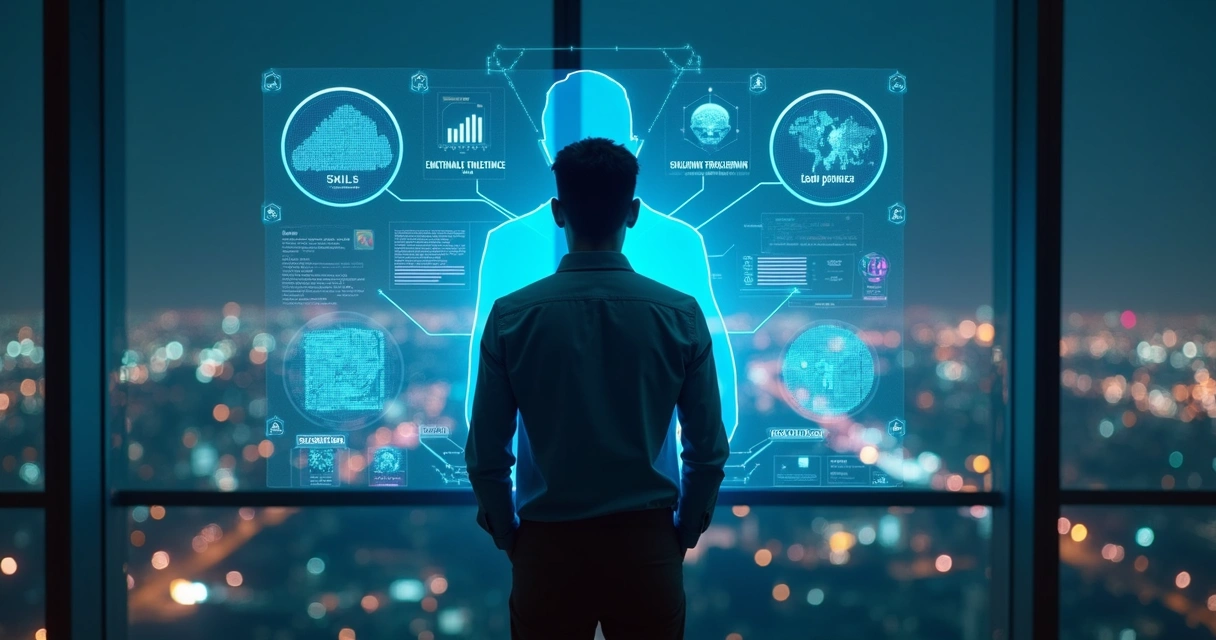 Profissional observando holograma com dados de valor humano digital 