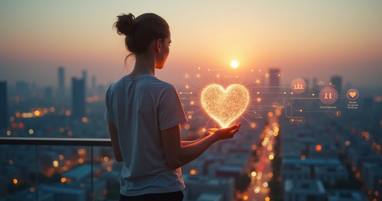 Pessoa segurando coração luminoso diante de cidade com gráficos de valor ao fundo 