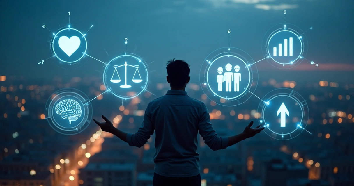 Pessoa em pé sobre cidade à noite com hologramas de valores humanos ao redor 