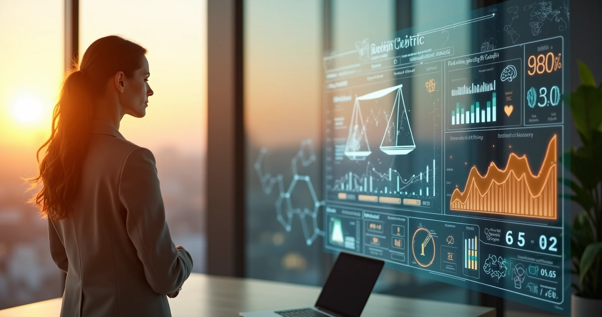 Executiva analisando métricas humanas e financeiras em painel digital equilibrado 