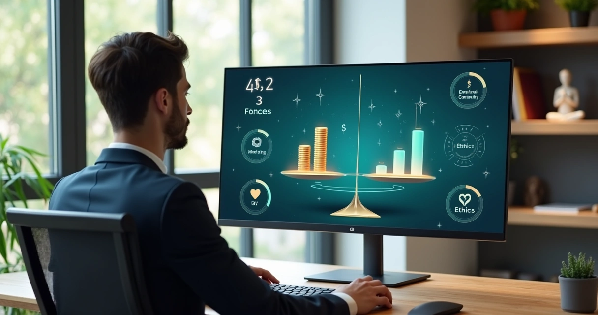 Pessoa avaliando equilíbrio entre finanças e impacto humano em balança digital 