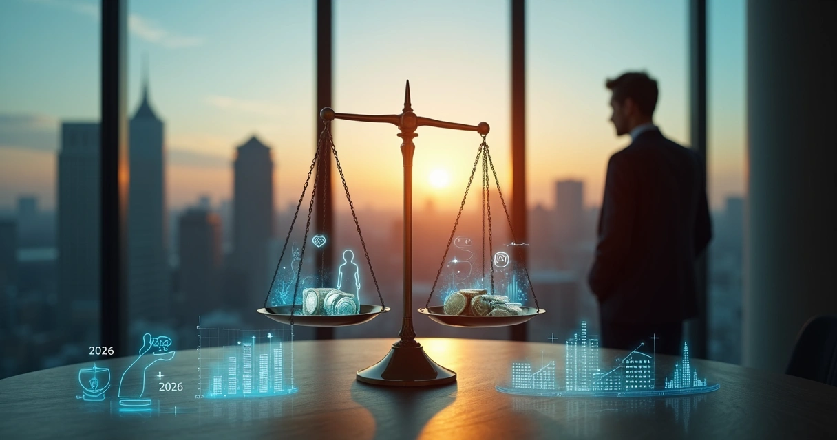 Executivo observando balança com ícones humanos e financeiros em equilíbrio 