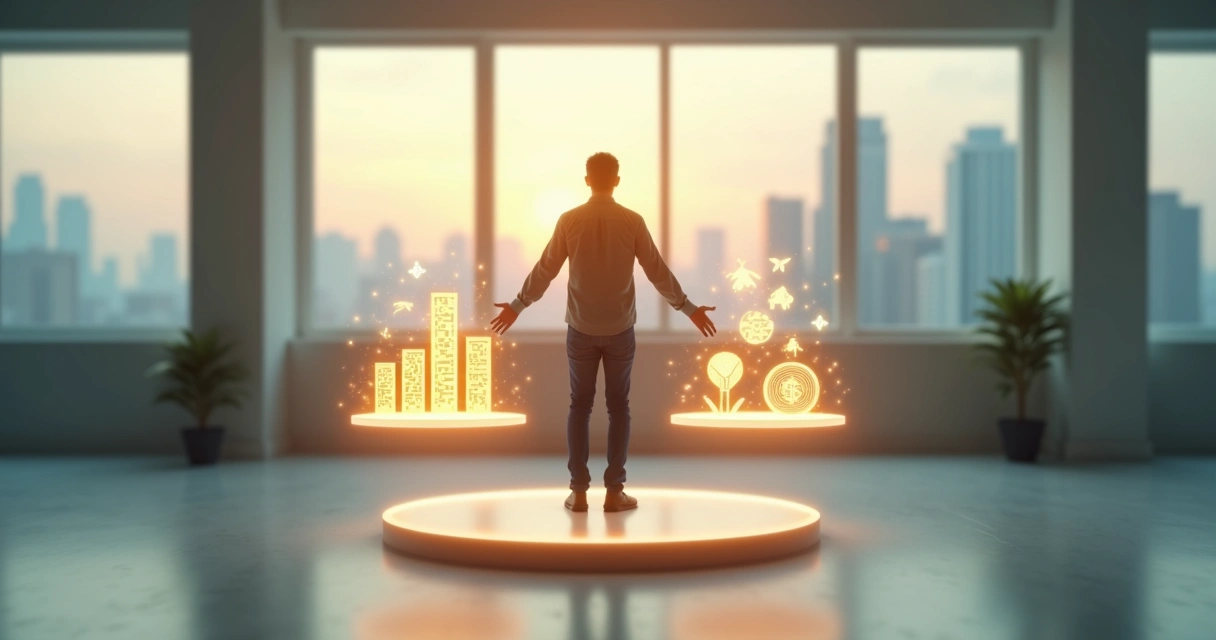 Pessoa em pé sobre balanço digital equilibrando trabalho, dinheiro e propósito 