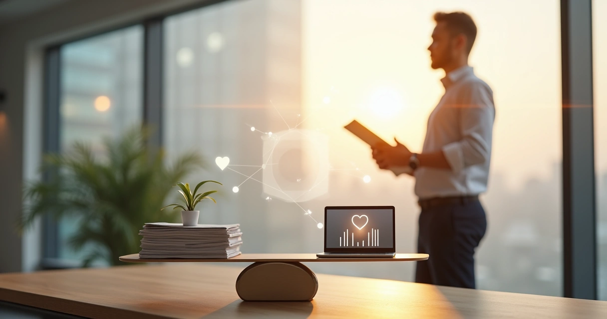 Profissional observando balança que equilibra desempenho e bem-estar humano 