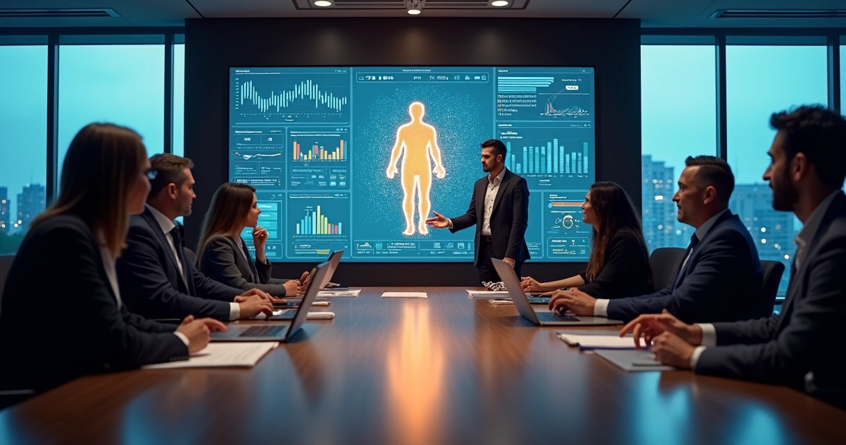 Executivos analisando gráficos que combinam desempenho financeiro e impacto humano em fusões e aquisições 