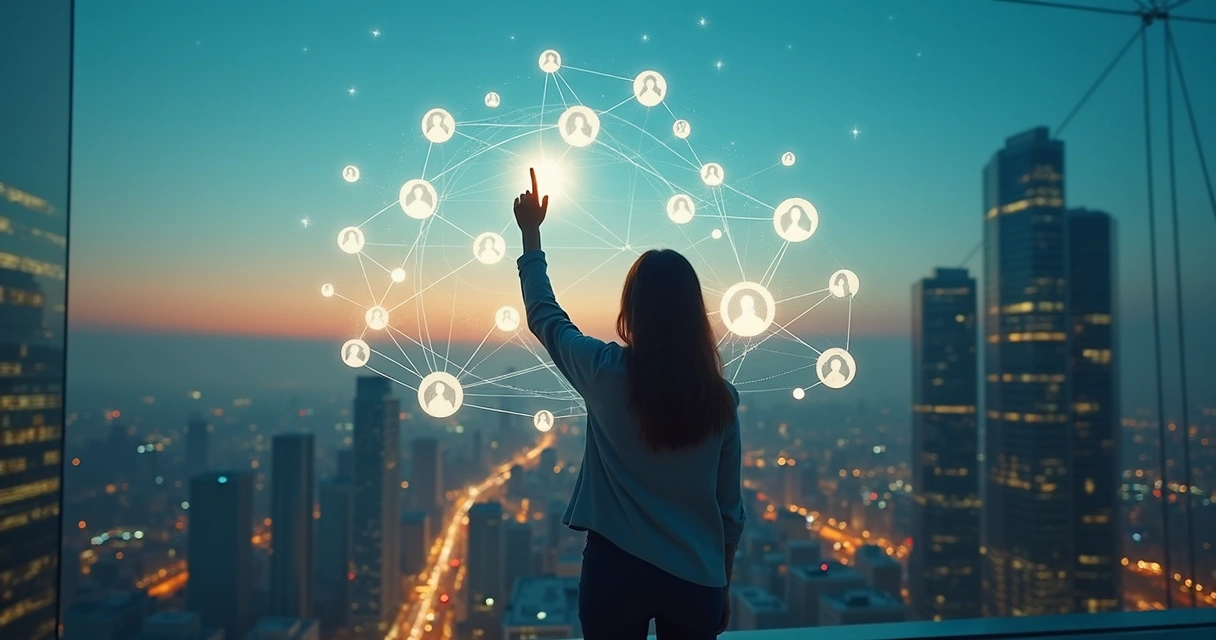 Pessoa em pé diante de cidade iluminada tocando holograma de conexões humanas 