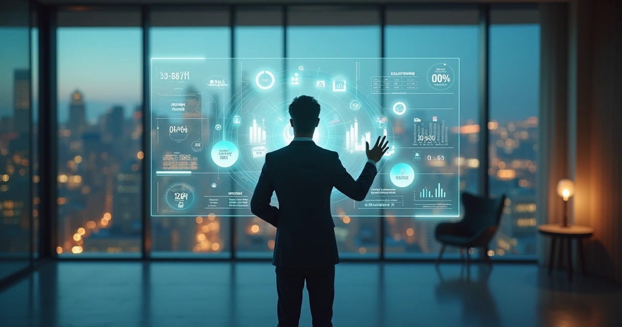 Pessoa em pé diante de painel digital avaliando impacto humano e indicadores pessoais 