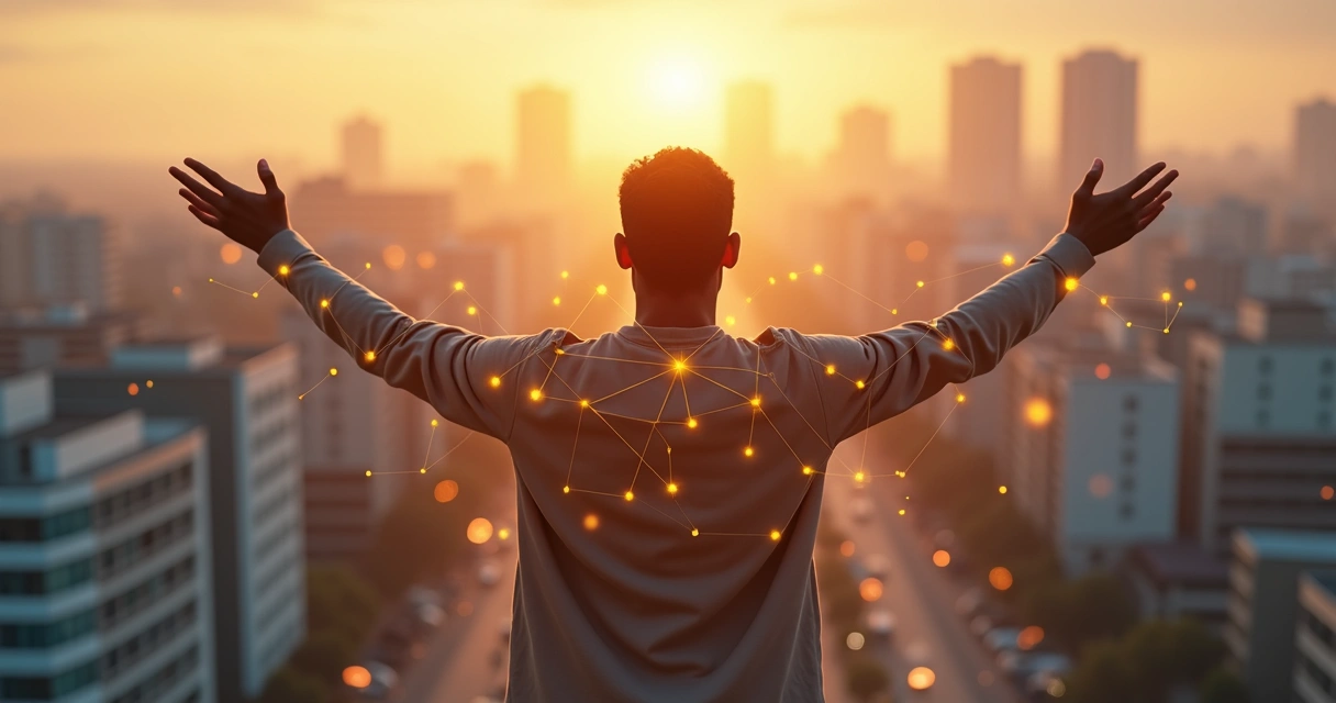 Pessoa de braços abertos integrada a conexões luminosas representando impacto social humano 