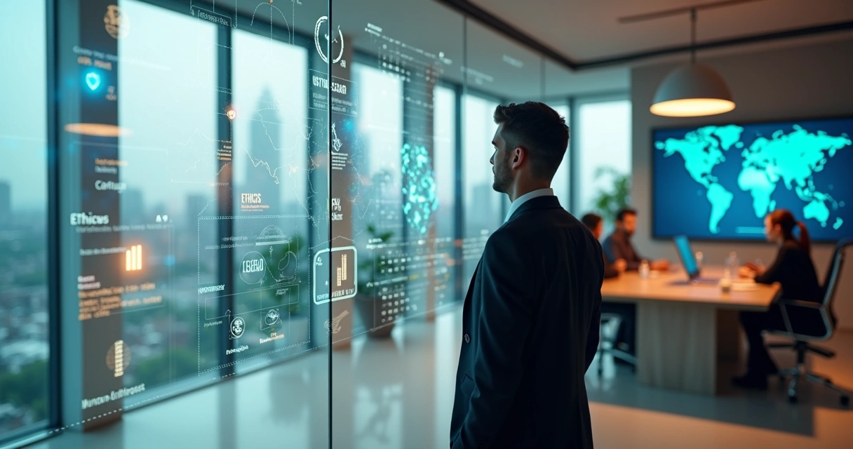 Líder observando painel com indicadores humanos e sociais em ambiente corporativo moderno 
