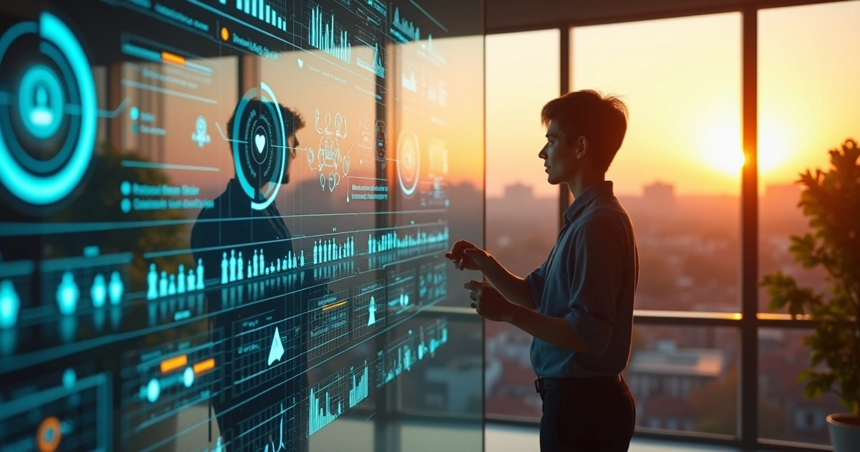 Pessoa em pé diante de painel transparente avaliando indicadores de impacto social 