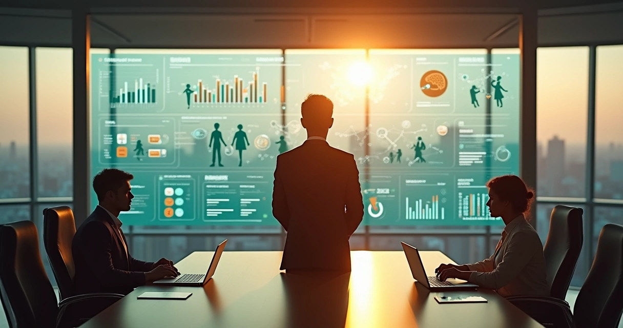 Executivo observando painel com métricas humanas e sociais em ambiente corporativo moderno 