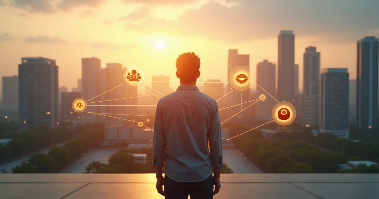 Pessoa em pé diante de cidade conectada simbolizando impacto social consciente 