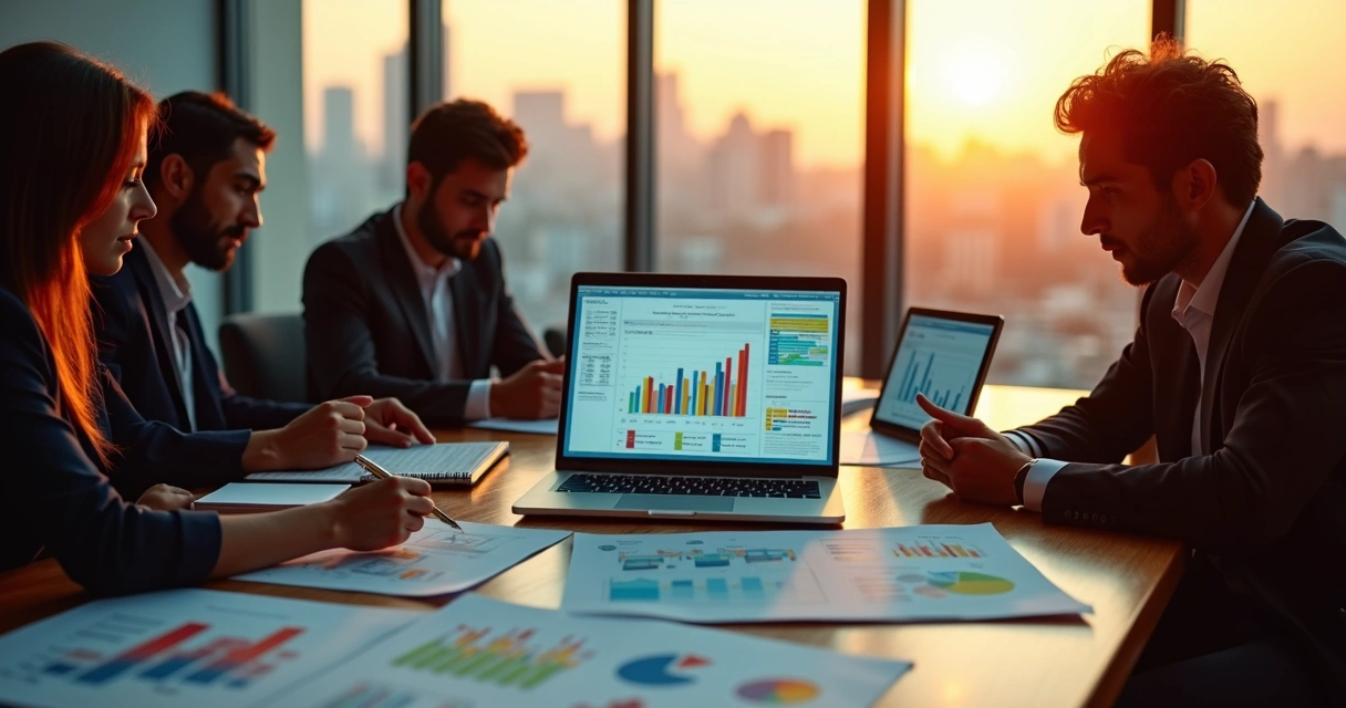 Executivos analisando gráficos de impacto social em mesa de reunião moderna 