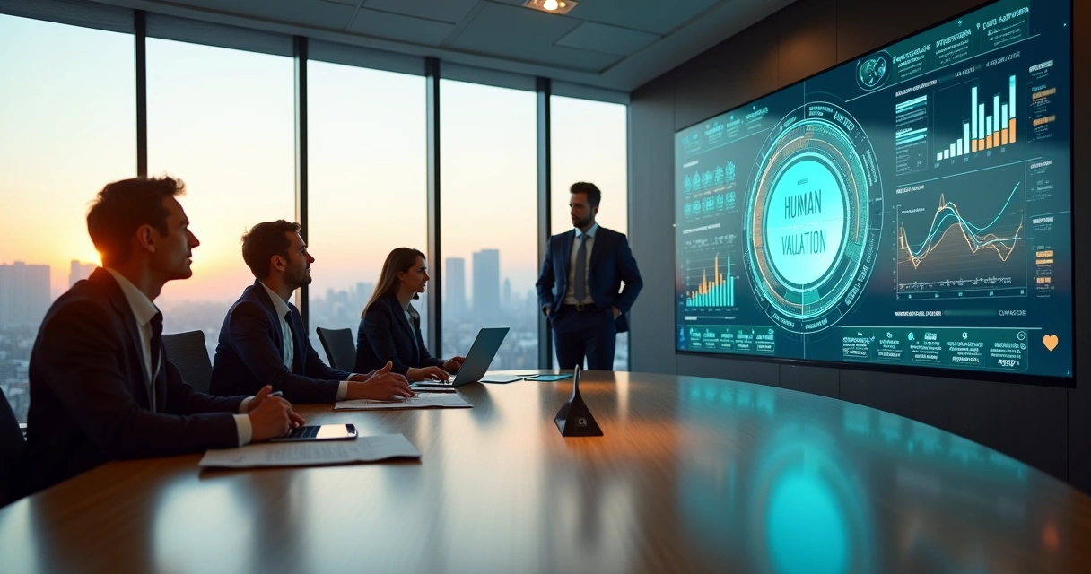 Executivos analisando painel digital que integra indicadores financeiros e de impacto social 