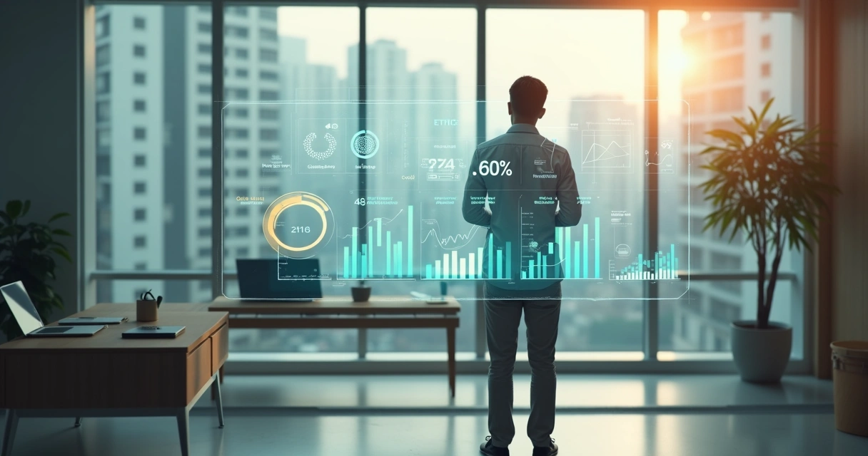 Executivo observando painel com indicadores humanos e de negócios em ambiente moderno 