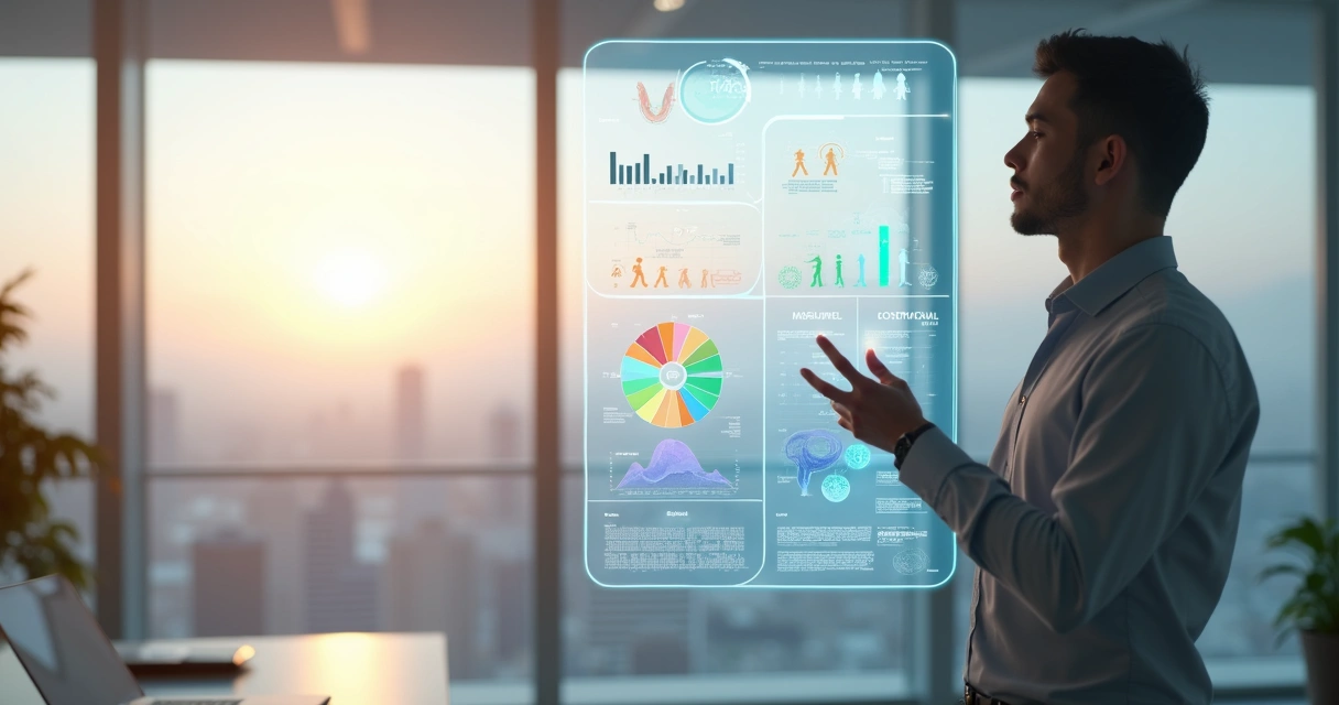 Executivo observando holograma com indicadores de evolução humana e profissional 