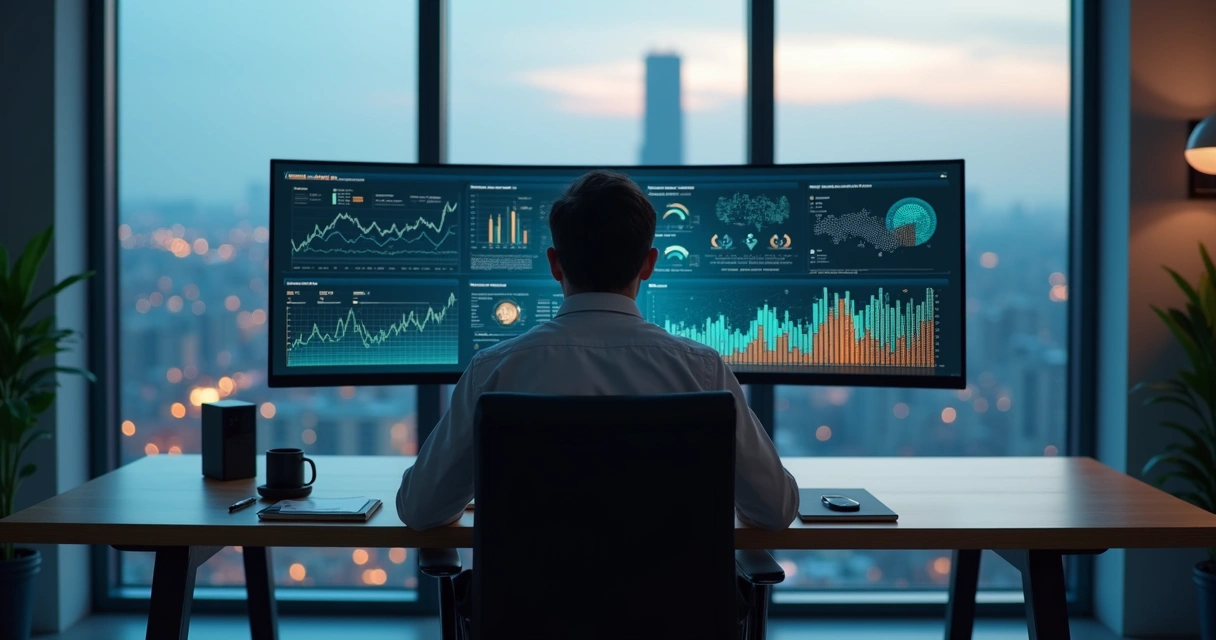 Executivo observando tela dividida entre gráficos financeiros e indicadores humanos 