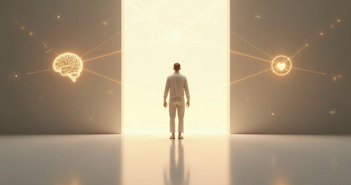 Pessoa em pé em caminho iluminado com ícones de mente coração e ação integrados 