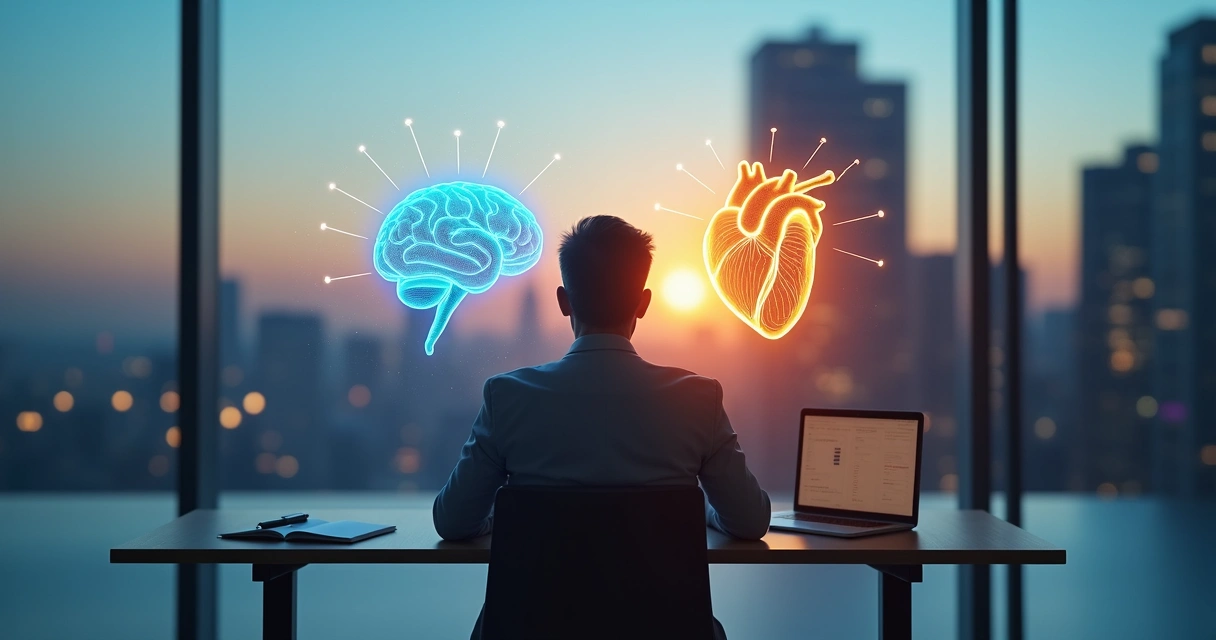 Pessoa em equilíbrio entre cérebro analítico e coração iluminado 