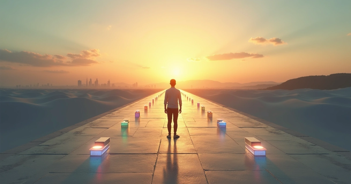 Pessoa em pé sobre caminho em perspectiva com sete marcos luminosos representando fatores de desenvolvimento humano a longo prazo 