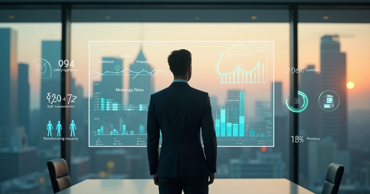 Executivo observando painel digital com métricas emocionais e humanas 