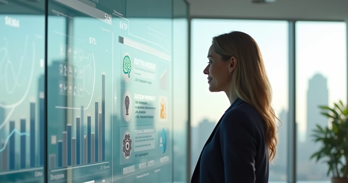 Executiva avaliando métricas humanas e financeiras em painel digital 
