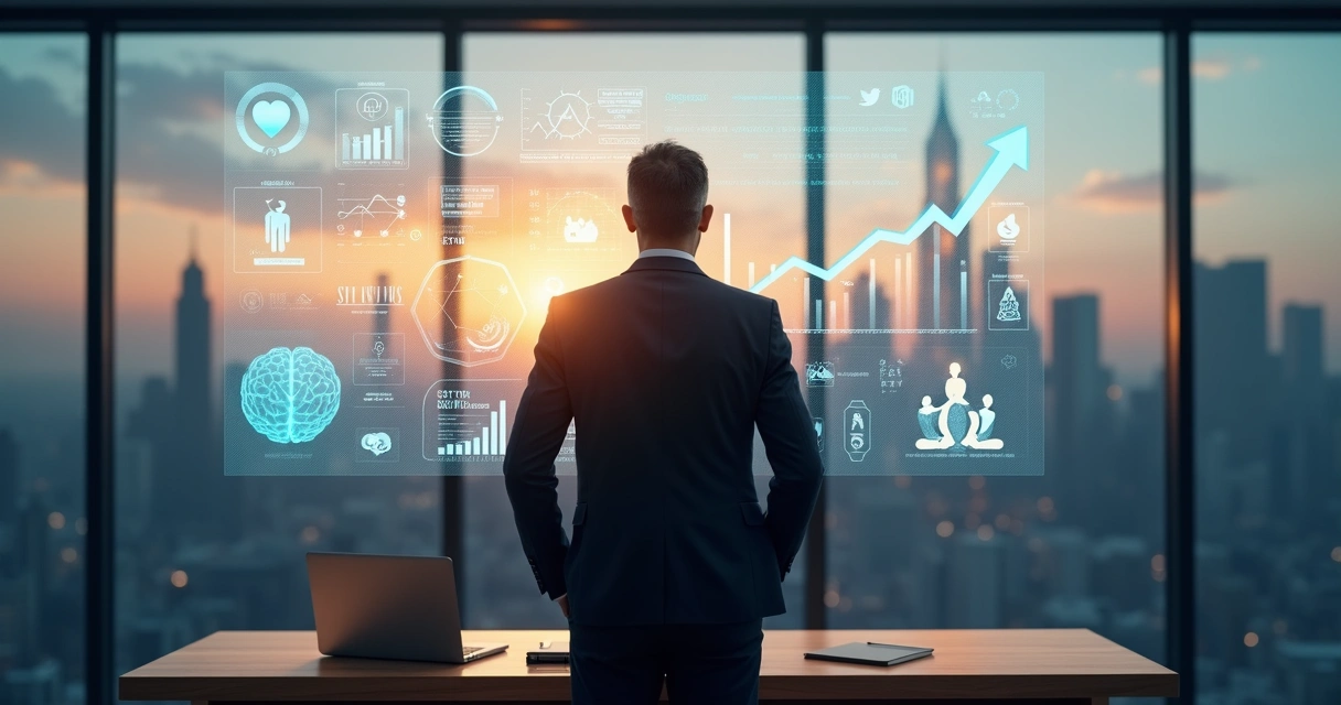 Executivo observando painel com métricas humanas e sistêmicas em ambiente corporativo moderno 