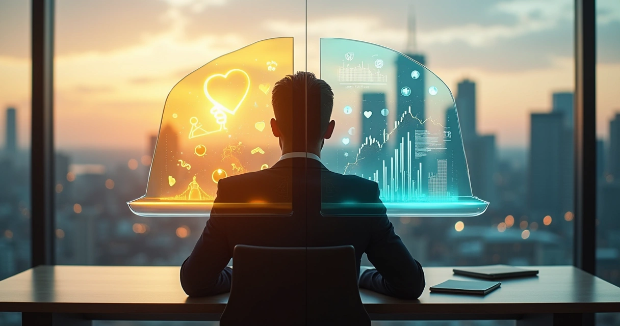 Executivo analisa lado humano e lado de métricas financeiras em balança digital 