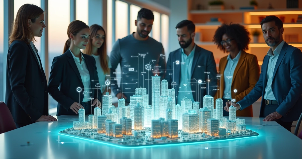 Equipe em pé sobre maquete de cidade com indicadores brilhantes 