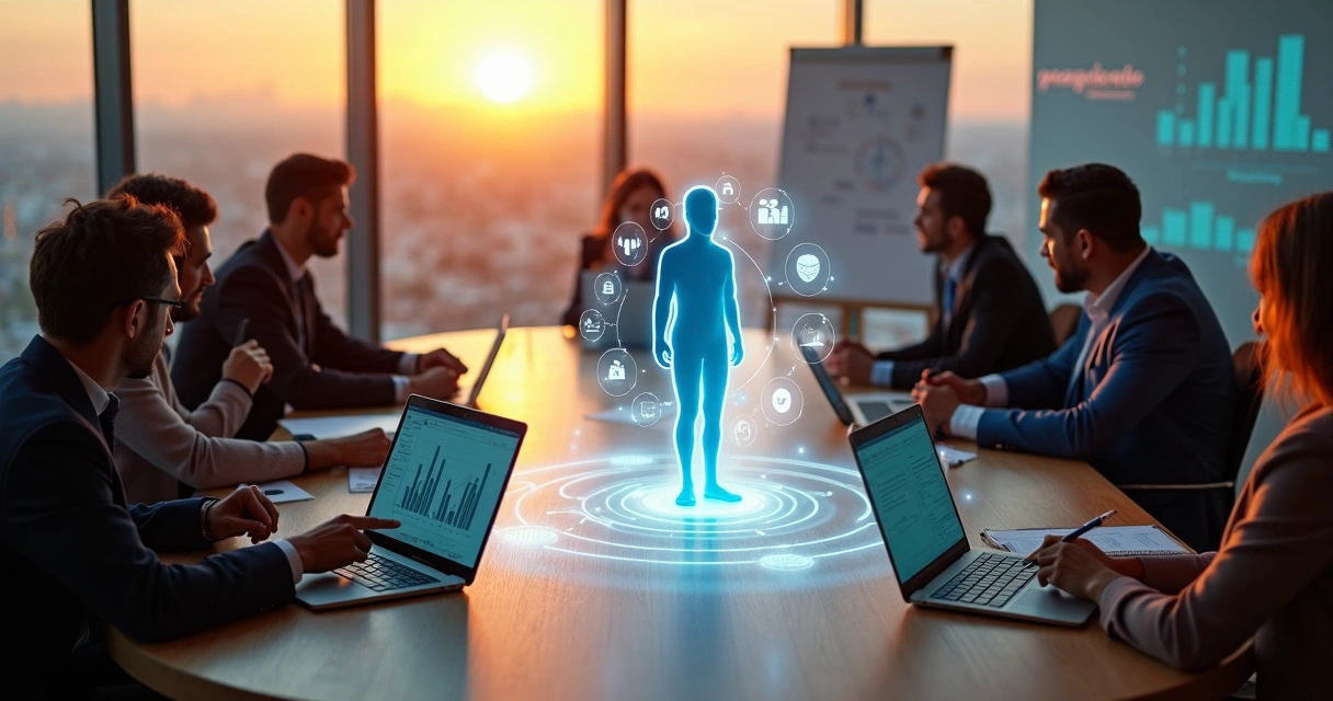 Executivos em reunião analisando gráficos com foco em pessoas no centro da mesa 