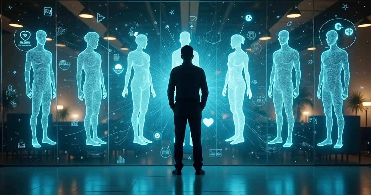 Pessoa em pé diante de painel luminoso com silhuetas e conexões representando potenciais humanos ocultos 