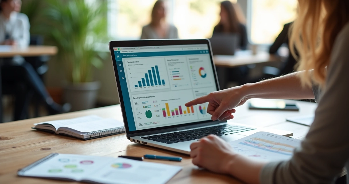 Pessoa analisando indicadores de impacto humano em projeto social em mesa de trabalho 