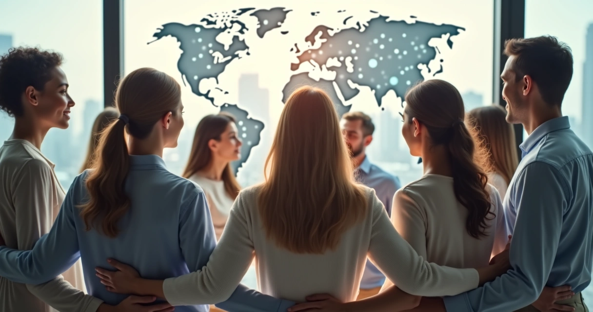 Grupo diverso conectado por linhas luminosas em mapa do mundo 