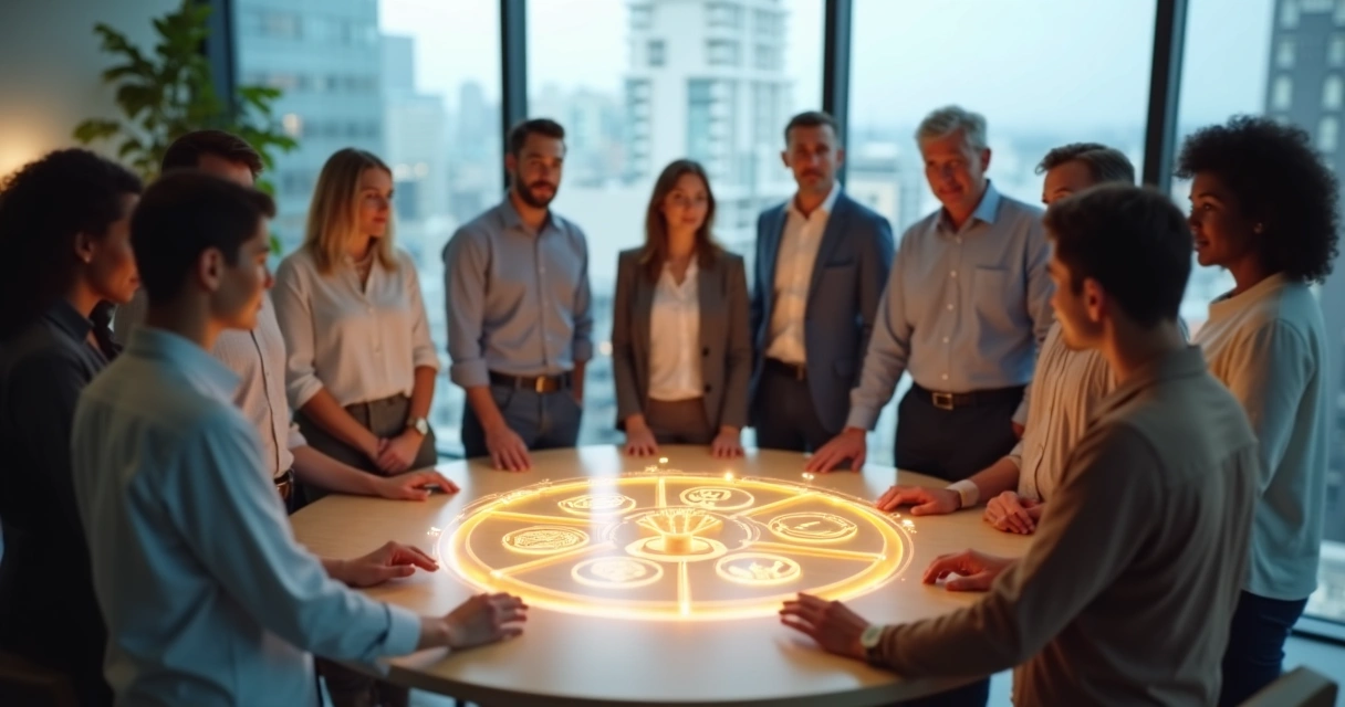 Grupo diverso de pessoas em círculo conectando ícones de coração, cérebro e valores 