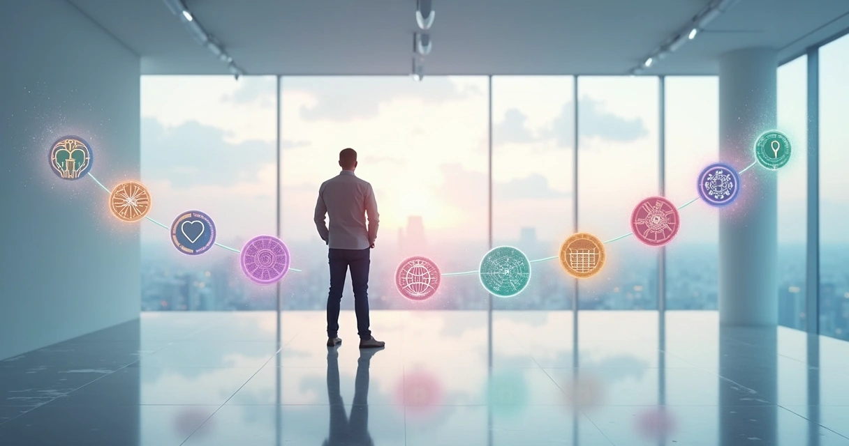 Pessoa em pé diante de sete ícones que representam dimensões humanas além do dinheiro 