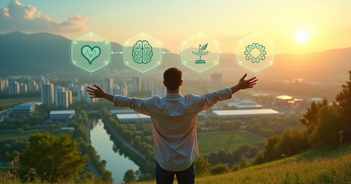 Pessoa em pé sobre cidade verde conectando ser humano e sustentabilidade 