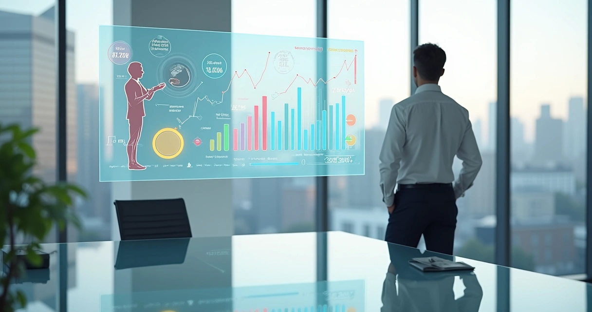 Executivo analisando métricas intangíveis em painel digital com silhuetas humanas 