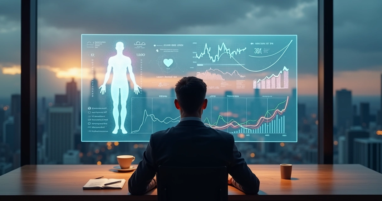 Pessoa analisando gráficos e reflexões internas em cenário de incerteza 