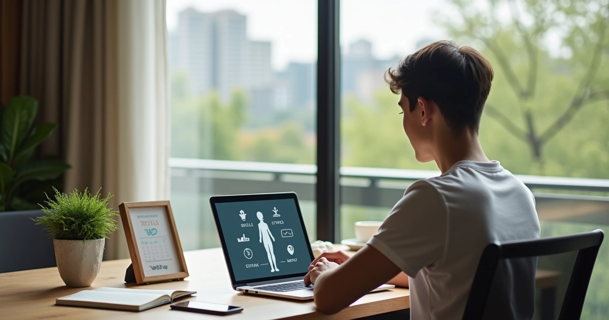 Pessoa equilibrando trabalho e vida pessoal com ícones de carreira e relações humanas 