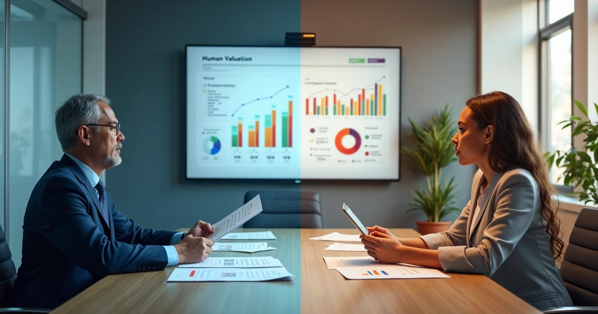Comparação visual entre avaliação tradicional e valuation humano em ambiente corporativo 