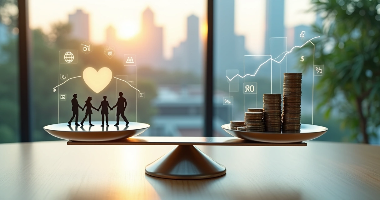 Balança comparando impacto humano e dinheiro em ambiente corporativo moderno 