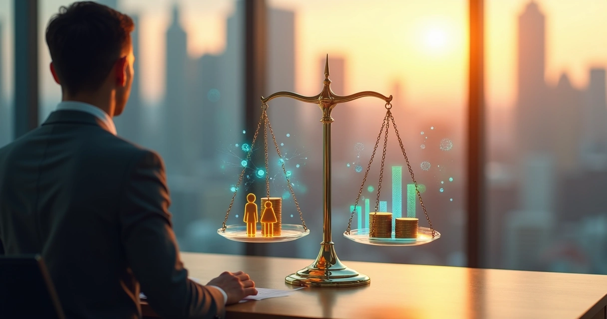 Executivo analisando balança com pessoas de um lado e gráficos financeiros do outro 