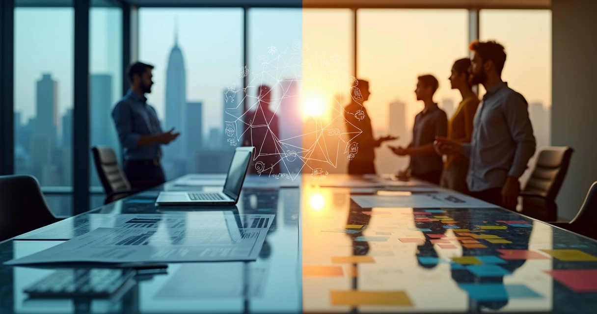 Comparação visual entre valuation humano e valuation financeiro tradicional em ambiente corporativo moderno 