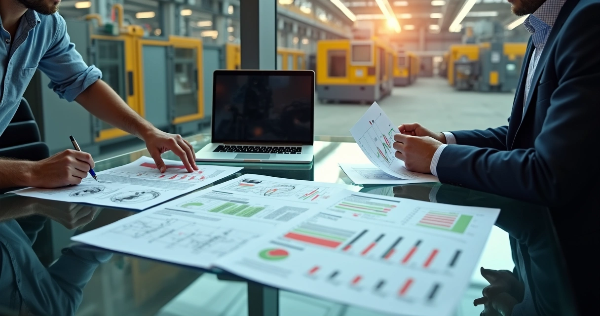 Auditor e investidor analisam gráficos de valuation diante de fábrica industrial ao fundo 