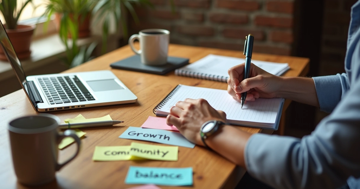Hands writing in a notebook surrounded by sticky notes with personal values 