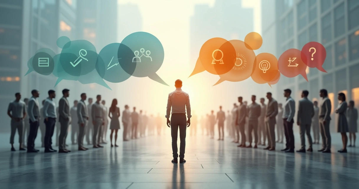 Person standing between two opposing groups with contrasting speech bubbles 